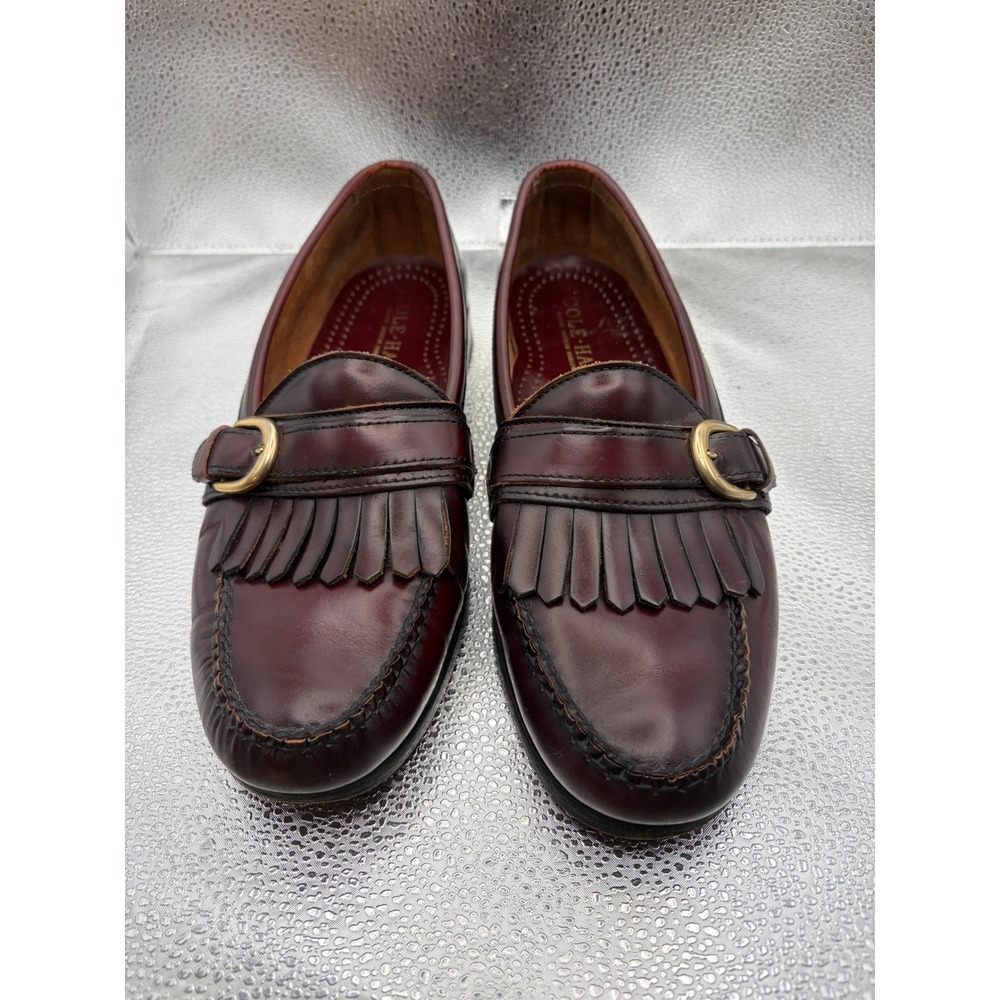 Cole Haan Mens Burgundy Leather Kiltie Buckle Loafers Handsewn Dress Shoes
